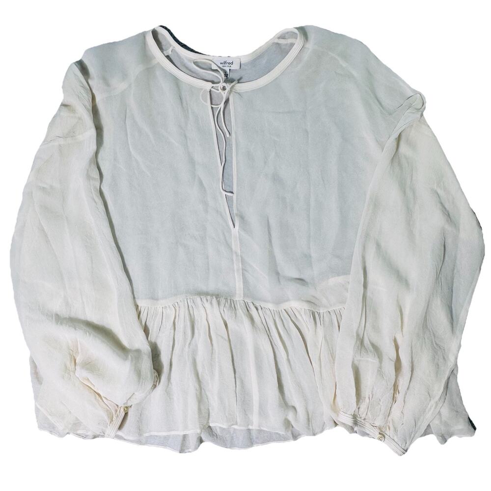 Wilfred Aritzia 100% Silk Ivory Front Tie Ruffle Blouse L Capsule